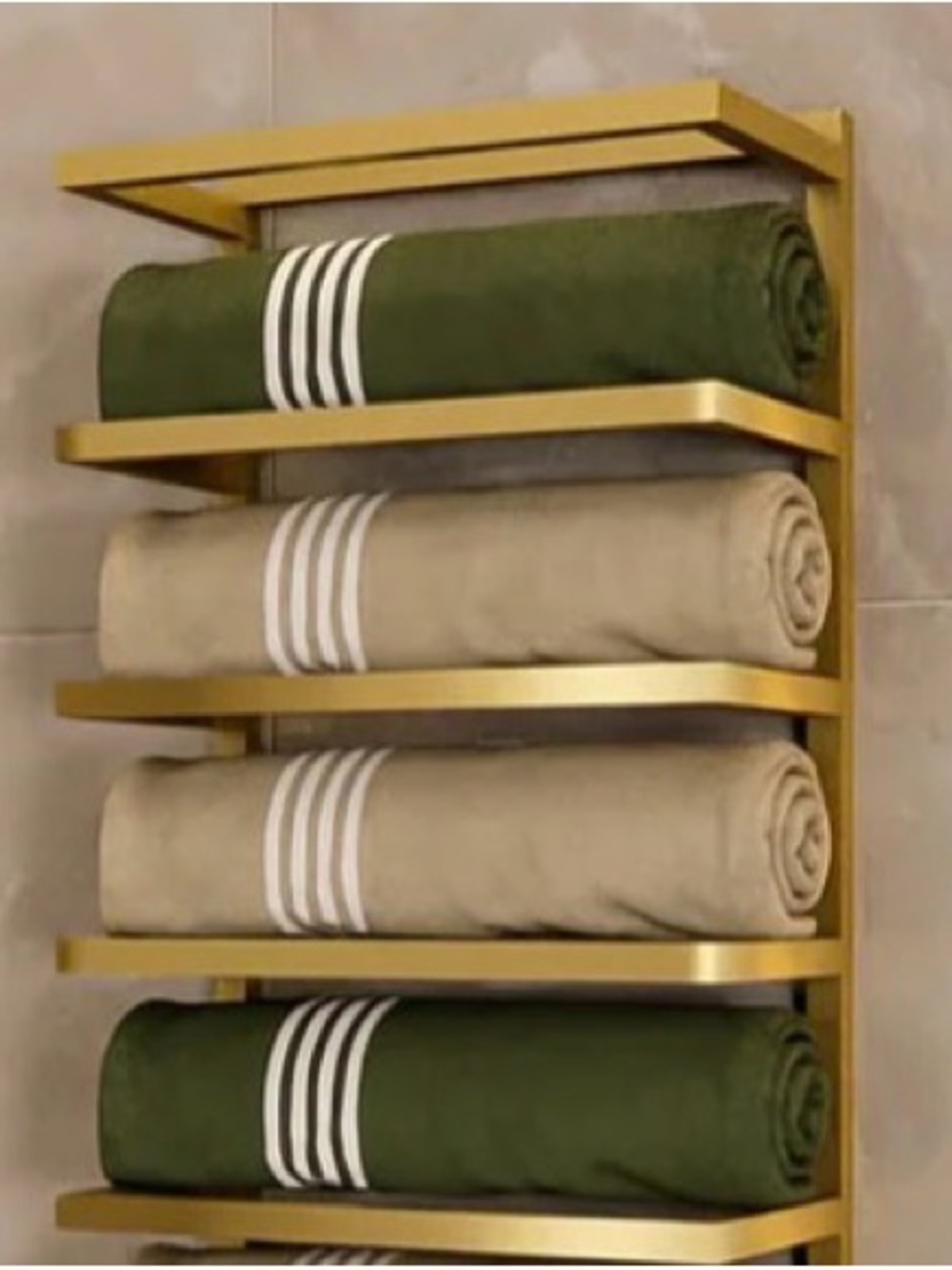 Gold Wall-Mounted Towel Rack with Green and Beige Towels - Modern Bath Storage